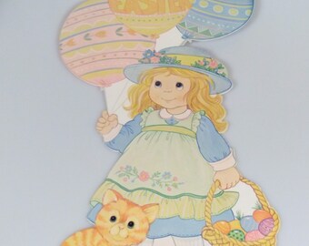 Vintage Easter Die Cut Cardboard Decoration Girl Balloons Kitten Cat Basket Eggs