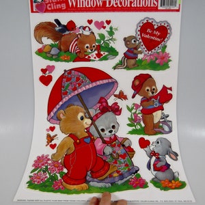 Vintage Valentine&#39;s Day Magic Cling Window Decorations Bears Rabbit Squirrel Chipmunk