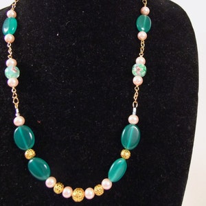 Green, Pink and Gold glass, filigree and pearl bead necklace, bracelet and earrings -You Choose- buy 1 or purchase set - Ships Worldwide