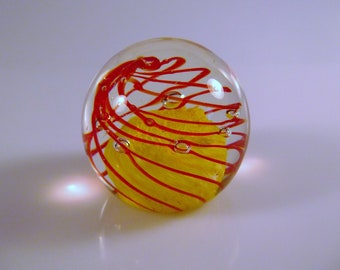 Vintage Clear Art Glass Paperweight Red Swirls Yellow Center Controlled Bubbles