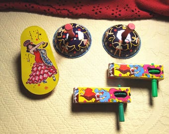 Vintage Midcentury Tin Litho Noisemakers, USA 1950s, New Year’s Eve & Party Noise Makers, Set of 5, Working Condition
