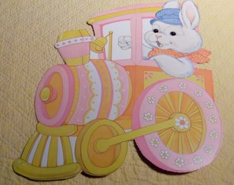 Vintage Easter Die Cut Cardboard Decoration Bunny Rabbit Engineer in Train