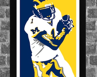 May include: A digital illustration of a football player wearing a white jersey with a blue "M" and a blue and yellow helmet. The player is catching a football. The background is blue and yellow.