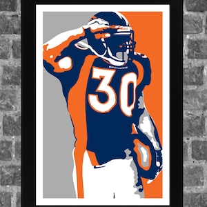 May include: A digital illustration of an American football player wearing a blue and orange jersey with the number 30 and the word "Broncos" on it. The player is wearing a helmet and is saluting.