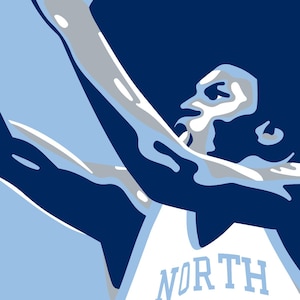 May include: A blue and white illustration of a basketball player in mid-air, with the word "NORTH" on their jersey.