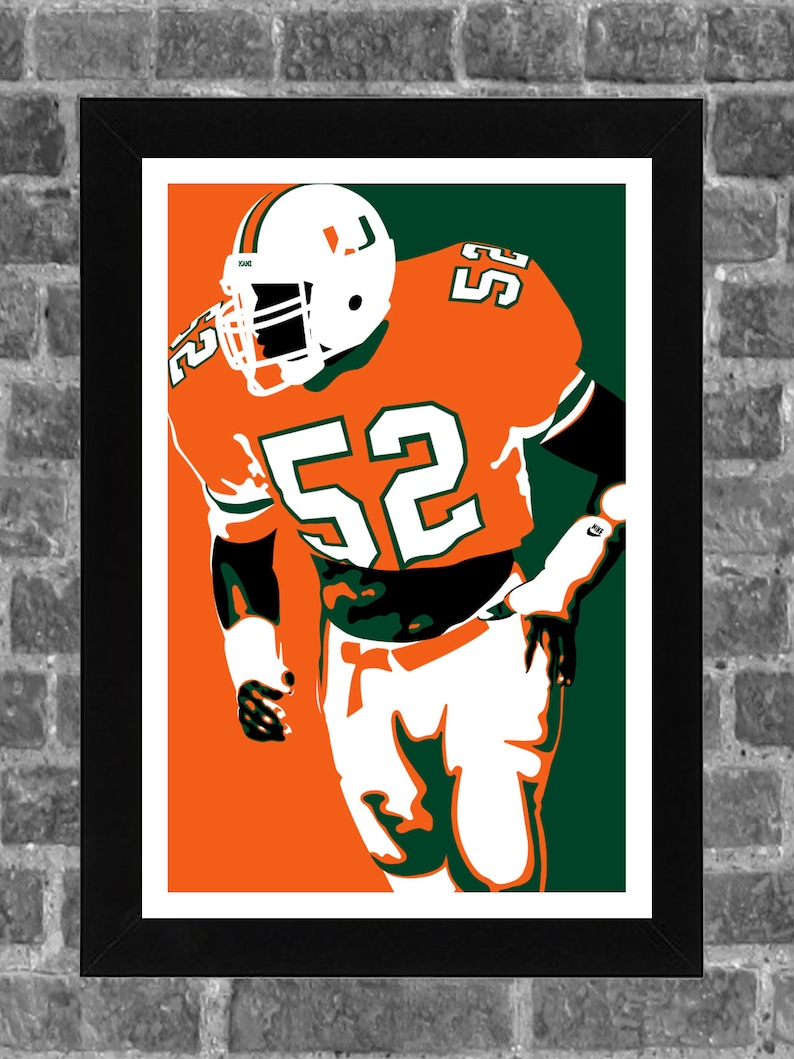 May include: A stylized illustration of a football player wearing a white, orange, and green uniform with the number "52" on the front. The player is wearing a helmet and is running with the ball.