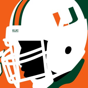 May include: A white football helmet with a green and orange stripe, the word "MIAMI" on the side, and a black silhouette of a person's head inside.
