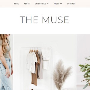 May include: Three images showcasing a lifestyle brand called "The Muse". The first image shows two people holding a woven tote bag with dried pampas grass. The second image shows a white clothing rack with a variety of clothing items, including a white shirt, a brown t-shirt, and a striped shirt. The third image shows a bouquet of green eucalyptus branches in a woven basket.