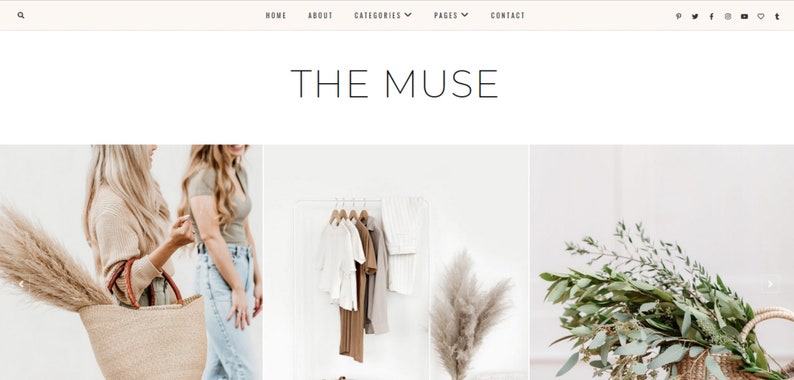 May include: Three images showcasing a lifestyle brand called "The Muse". The first image shows two people holding a woven tote bag with dried pampas grass. The second image shows a white clothing rack with a variety of clothing items, including a white shirt, a brown t-shirt, and a striped shirt. The third image shows a bouquet of green eucalyptus branches in a woven basket.