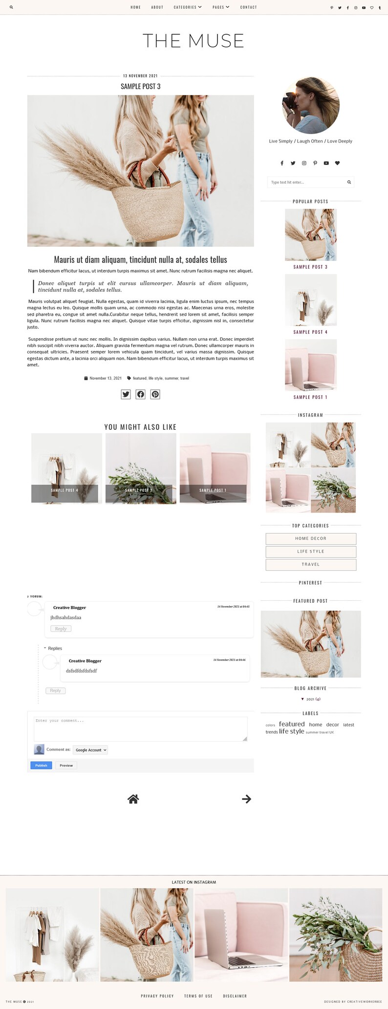 May include: A blog post with the title "Sample Post 3" featuring two women wearing casual clothing and carrying a woven basket. The blog post includes a section for popular posts, a section for Instagram posts, and a section for top categories. The blog post also includes a section for featured posts and a blog archive.