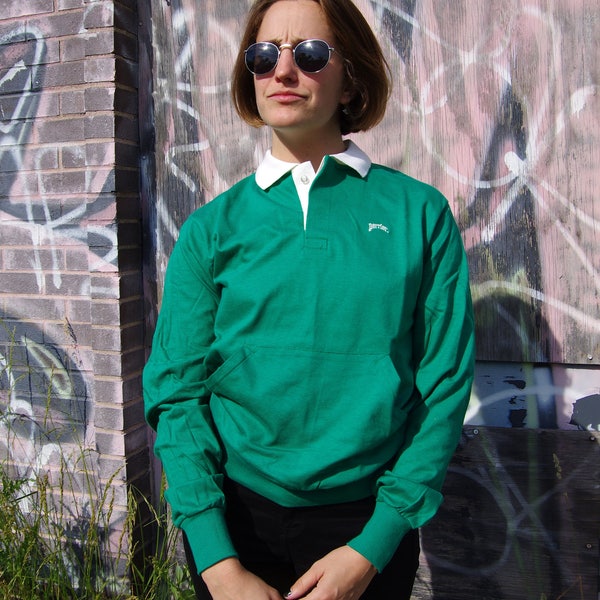 90's PERRIER WATER embroidered logo white / green long sleeve polo shirt with front pockets size medium