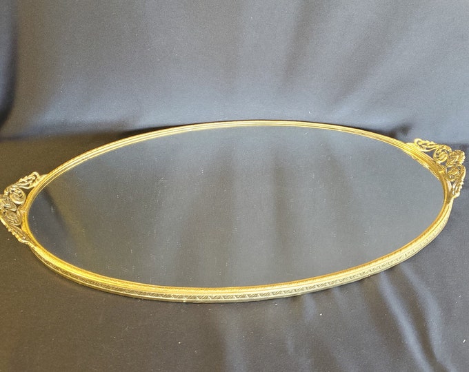 Vintage Large Gold Vanity Tray or Hanging Mirror, 18 X 10 In. Vintage