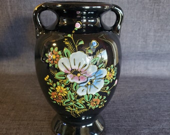 Vintage Black Glazed Japanese Vase, 3 1/4 x 5 3/8 in. Japanese Black and Gold Vase