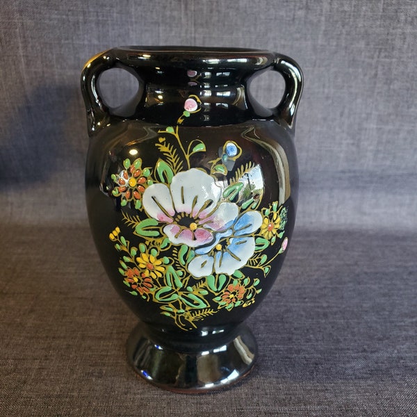 Vintage Black Glazed Japanese Vase, 3 1/4 x 5 3/8 in. Japanese Black and Gold Vase