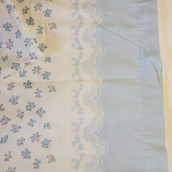 Vintage Full Flat Sheet, Vintage Blue and White Floral Sheet, Vintage Linens, Blue Flower Flat Sheet