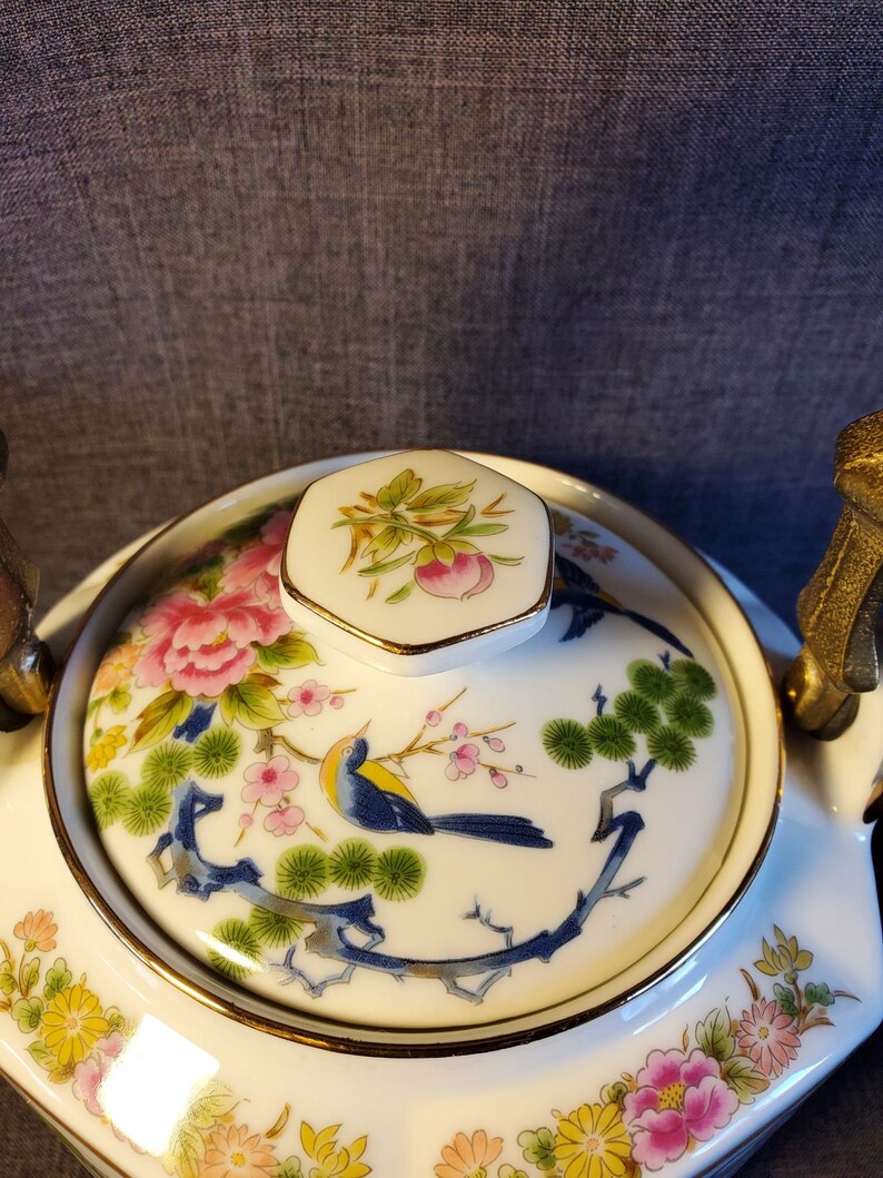 Porcelain Japanese Teapot With Floral Design and Brass Handle Etsy