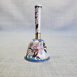 Small Chinese Cloisonne Bell, Cloisonne on Brass Bell, 3 in. tall Cloisonne Bell, White and Pink Floral Cloisonne