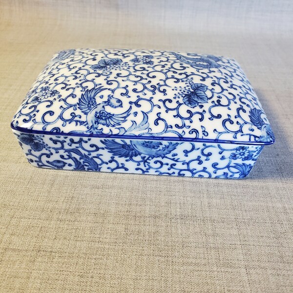 Blue & White Porcelain Trinket Box, Takahashi Trinket Box with Blue and White Pattern, 4 1/4 x 6 in.