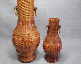 Set of 2 Asian Weave Wicker Vases, Rattan Woven Asian Vases, 8 1/2 & 12 1/2 in. tall.