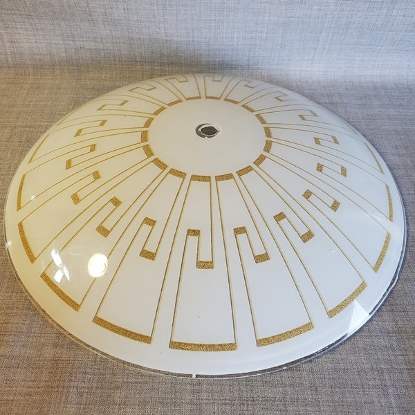 Vintage Overhead Light Cover, White and Gold Greek Key, Vintage Lighting Glass Shade