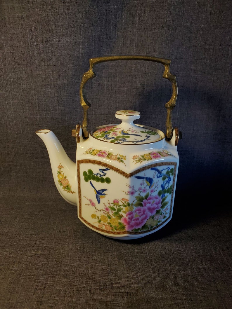 Porcelain Japanese Teapot With Floral Design and Brass Handle Etsy