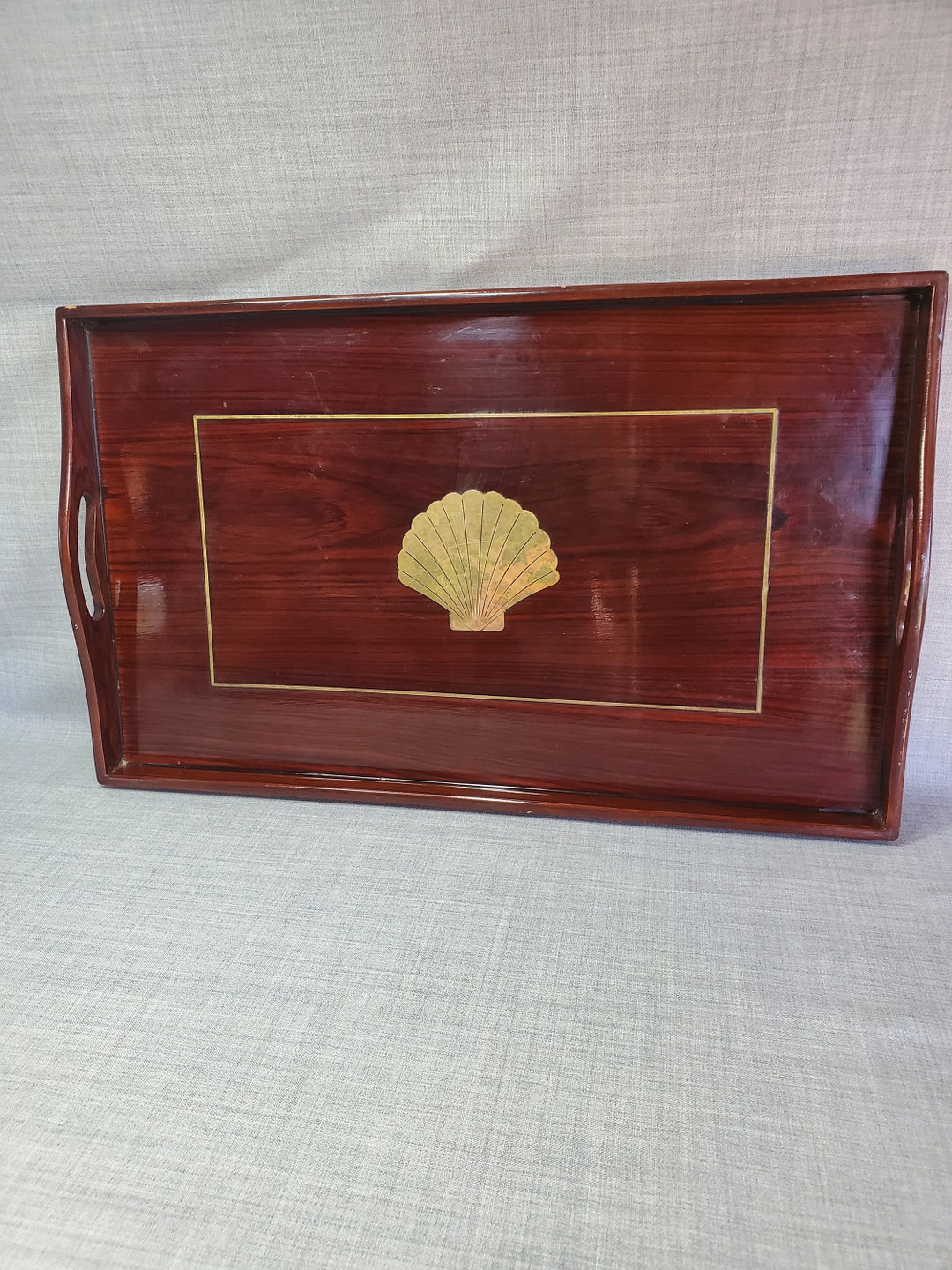 Vintage Lacquerware Tray With Brass Inlaid Shell, 11 X 18 In. Lacquered ...