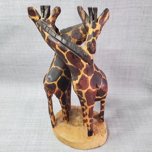 Vintage African Carved Wood Giraffe Statue, Double Giraffe Wood Statue from Africa, Carved African Wood Giraffes, 8 in.