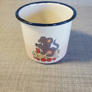 Vintage Enamelware Child&#39;s Mug, White with Cobalt Trim Enamelware Mug, Vintage Enamelware Mugs, Blue and White Enamel