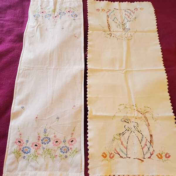 Set of 2 Vintage Table Runner with Embroidered Butterflies and Flowers
