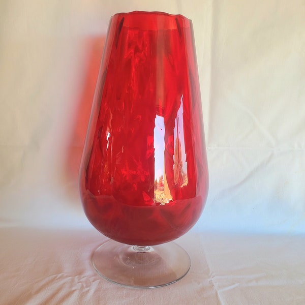 Large Mid-Century Ruby Red Glass Vase, Diamond Textured Ruby Red Glass Vase, 13 1/4 in.