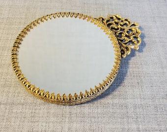 Vintage Filigree Gold Tone Mirror, Small Double-sided Gold Filigree Mirror