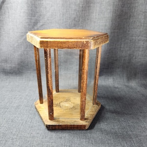 Vintage Glass and Wood Display, Hexagon Glass Display Case, Mini Glass Green House, 4 3/4 x 6 1/4 in.