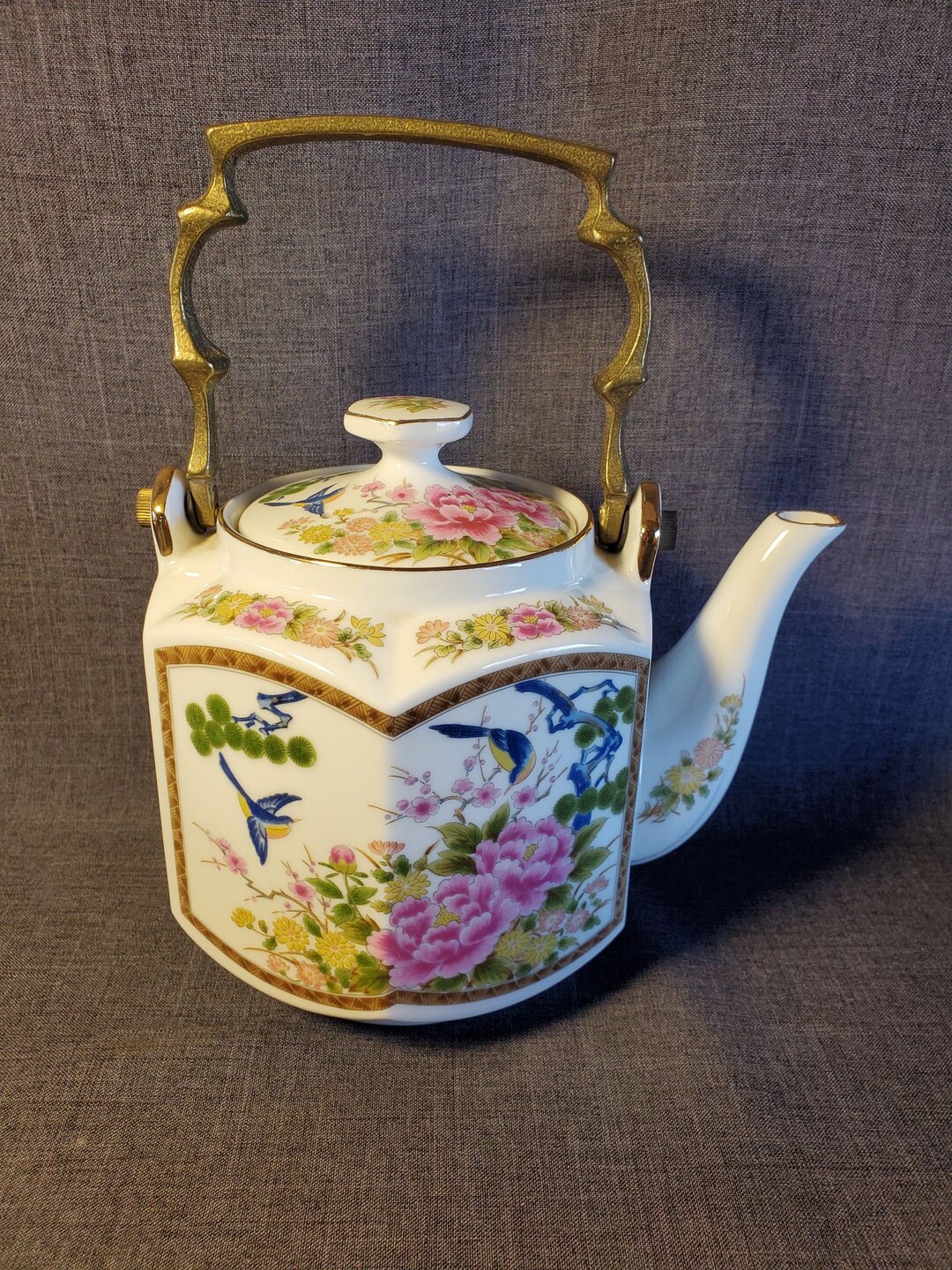 Porcelain Japanese Teapot With Floral Design and Brass Handle Etsy