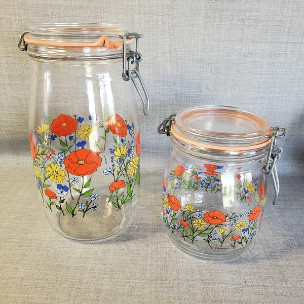 Set of 2 Vintage Wildflower Glass Latching Canister, Wildflower Glass Latching Jars, Glass Storage Jar 1 1/2 & 3/4 L
