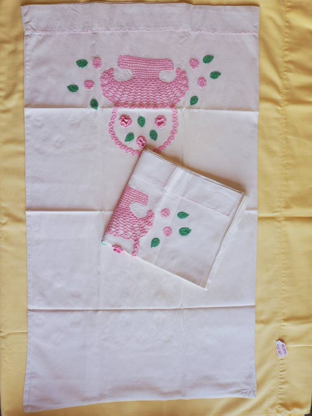 Set of 2 Vintage White and Pink Crocheted Pillowcases, Vintage