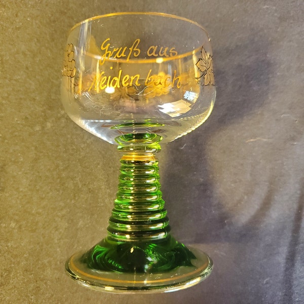 Gold Encrusted Roemer, German Wine Glass, Green and Gold German Roemer Wine Glass, Etched Roemer Beehive Glasses