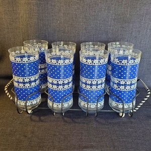 Set of 8 Libbey Polka Dot Lace Tumblers in Metal Rack, Libbey Blue Polka Dot Lace Tumblers, Blue Polka Dot Libbey