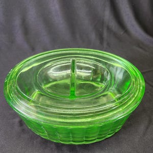 Antique Uranium Glass Refrigerator Dish, Oval Uranium Glass Fridgie, Antique Uranium Glass Refrigerator Dish, 5 x 7 in.