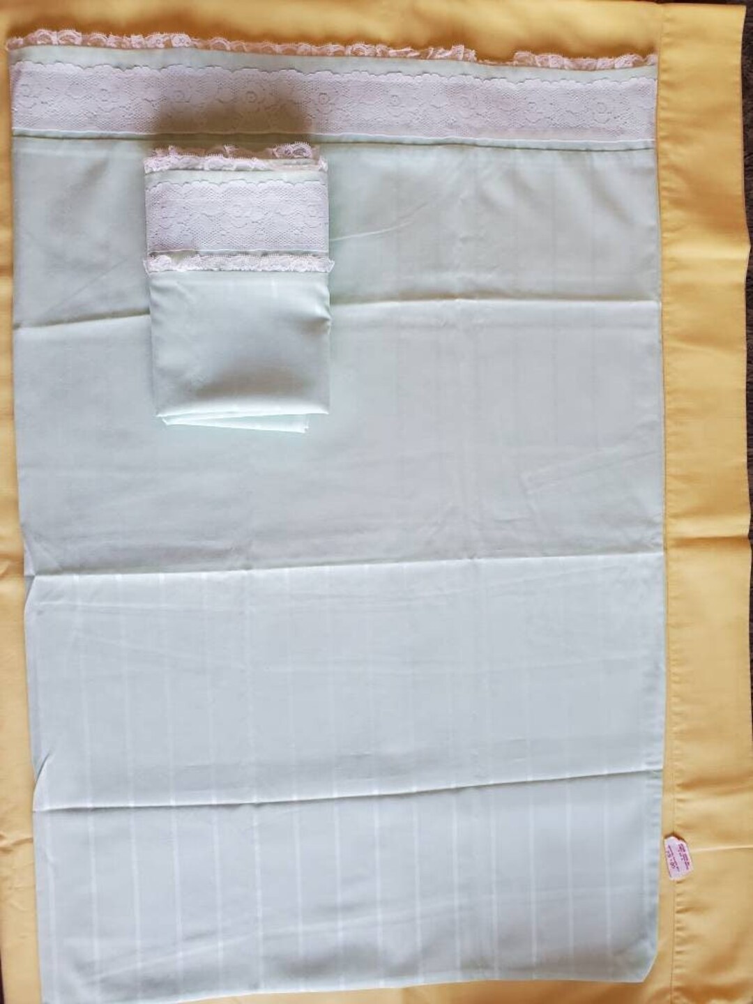 Set of 2 Vintage Mint Green and White Lace Trim Pillowcases, Vintage