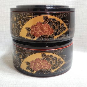 Vintage Japanese Black Lacquered Lunch Bowls, Japanese Lacquerware Tiered Lunchboxes, Gold Fan Design