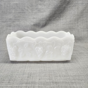 Milk Glass Planter with Grape Pattern, Fire King Milk Glass Planter, 3 1/4 × 7 3/4 in.
