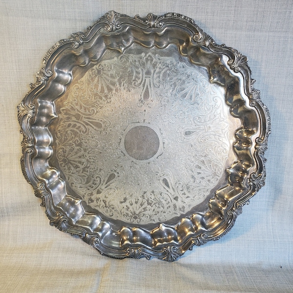 Large Vintage Silverplate Tray, Large Footed Silver Tray 16 1/4 in. Vintage Silverplate