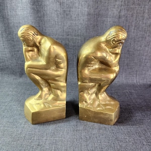 Solid Brass &quot;The Thinker&quot; Bookends, The Thinker Rodin Bookends, Vintage Bookends