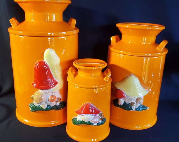 Vintage 3 Piece Mushroom Canister Set Mushroom Ceramic Jar, Mushroom