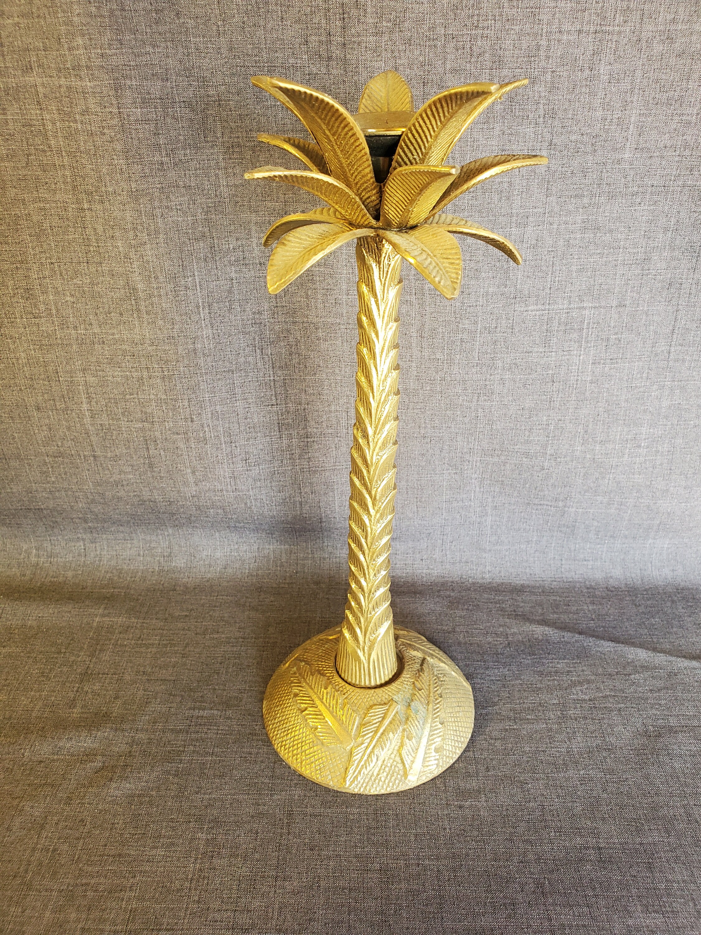 Pair of 2 Vintage Palm Tree Frond Leaf Brass Taper Candle Stick