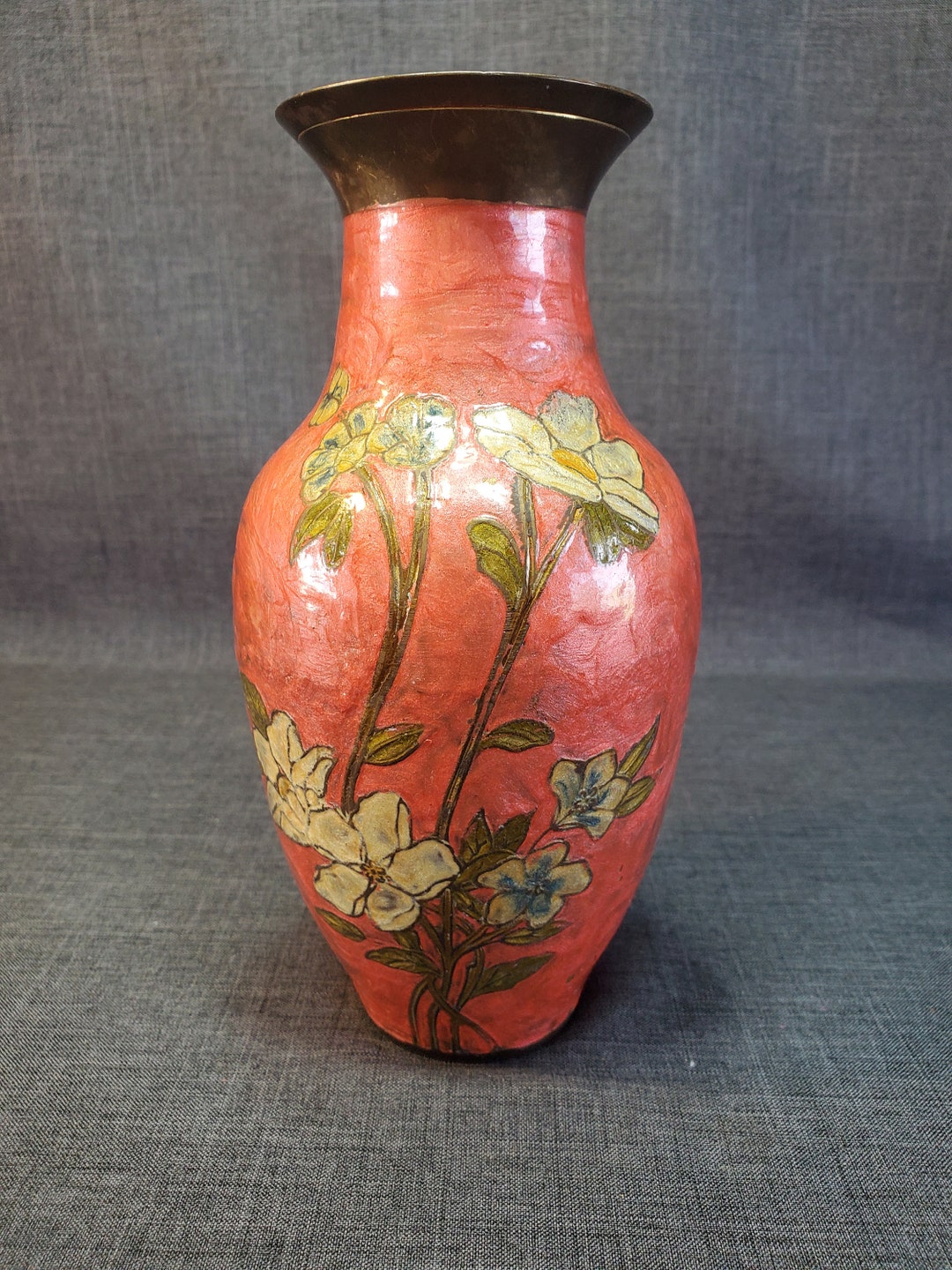 Vintage Brass Vase Pink Enameled Brass Vase With Flowers7 Etsy