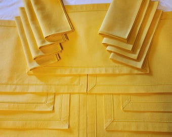 Set of 17 Vintage Cotton Placemats & Napkins, Bright Yellow Cotton Placemat and Napkin Set