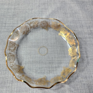 Vintage Chance Glass 5 1/2 in. Gold Rose Dish, Chance Glass Clear with Gold Roses