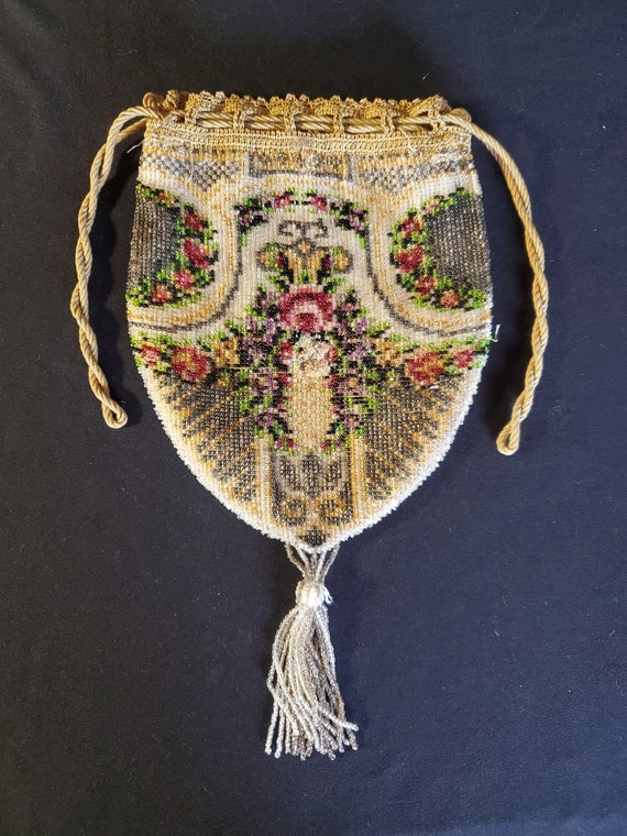 Victorian Beaded Drawstring Purse, Antique Beaded 