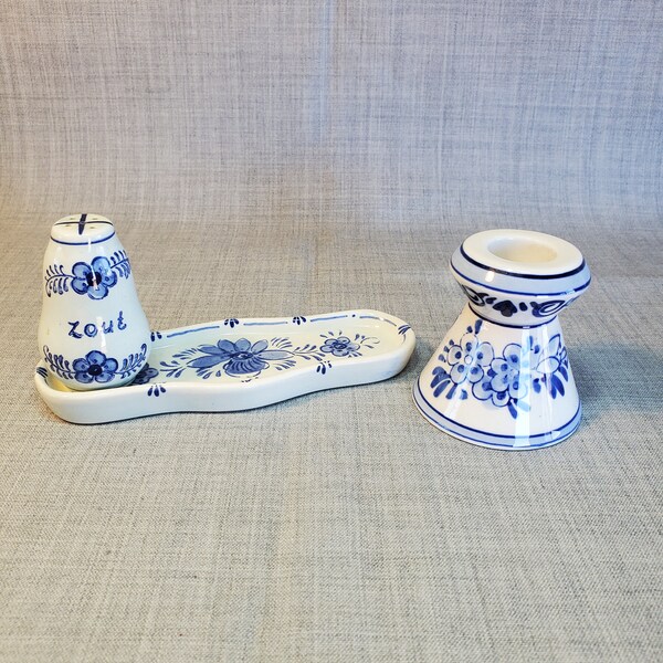 3 Pieces of Delft Blue Holland Blue & White Candleholder, Salt and Tray, Delft Blue Holland Taper Candleholder